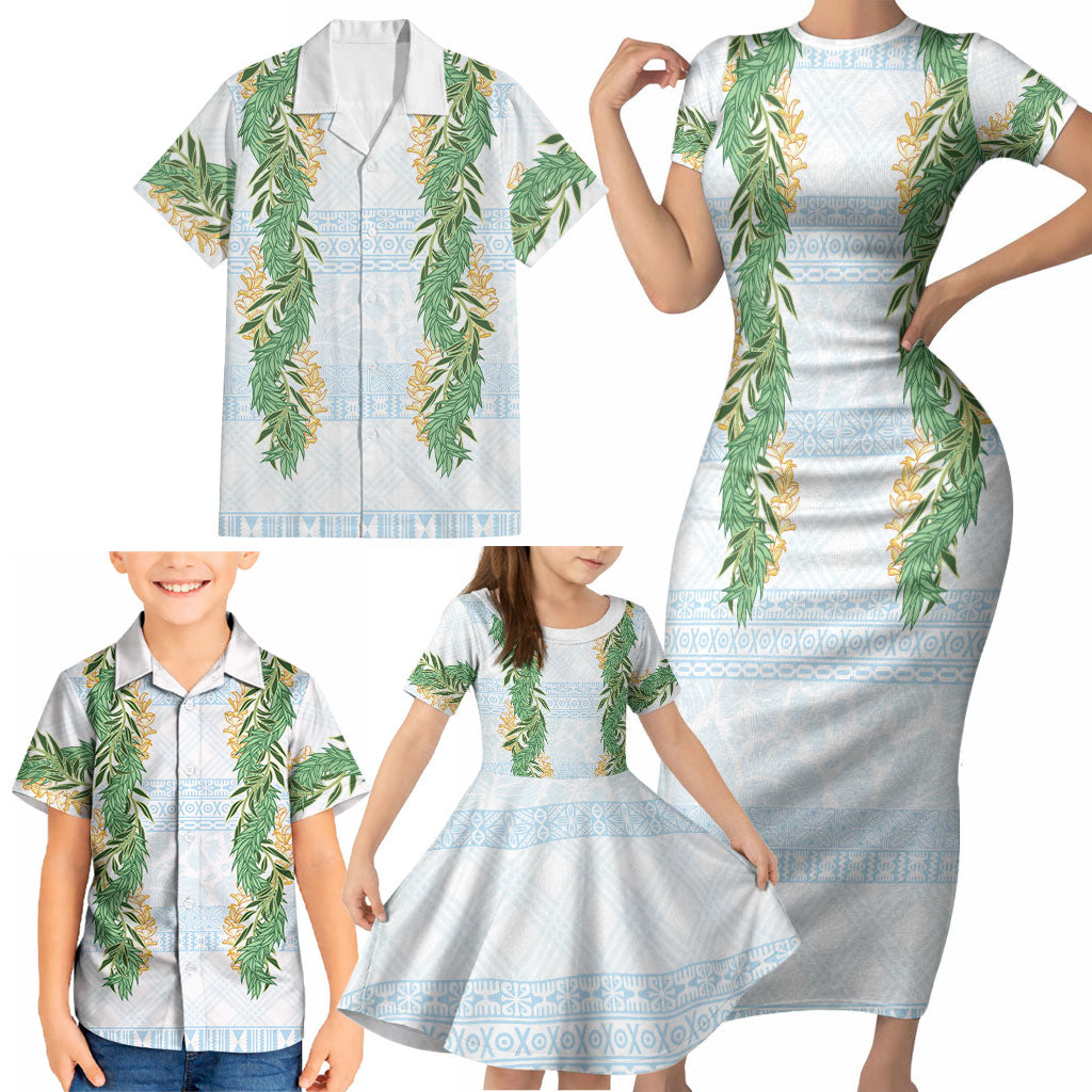 Hawai'i Paniolo Maile Twisted Lei Family Matching Short Sleeve Bodycon Dress and Hawaiian Shirt Winter White LT7 - Polynesian Pride