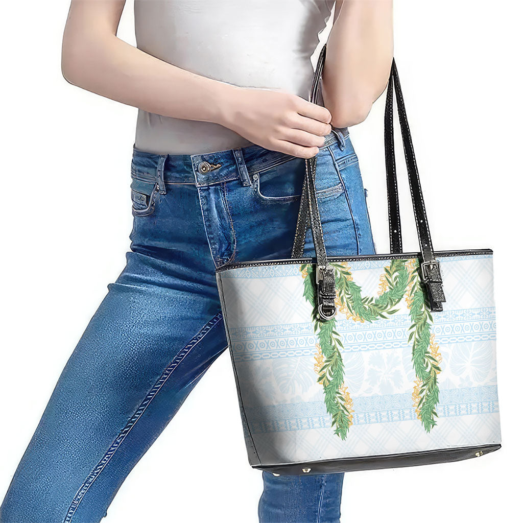 Hawai'i Paniolo Maile Twisted Lei Leather Tote Bag Winter White LT7 - Polynesian Pride