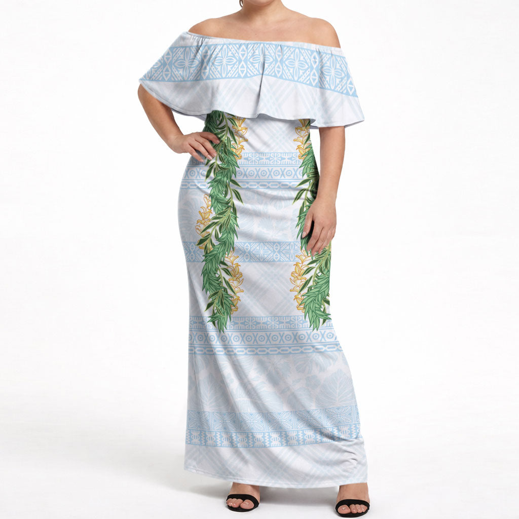 Hawai'i Paniolo Maile Twisted Lei Off Shoulder Maxi Dress Winter White