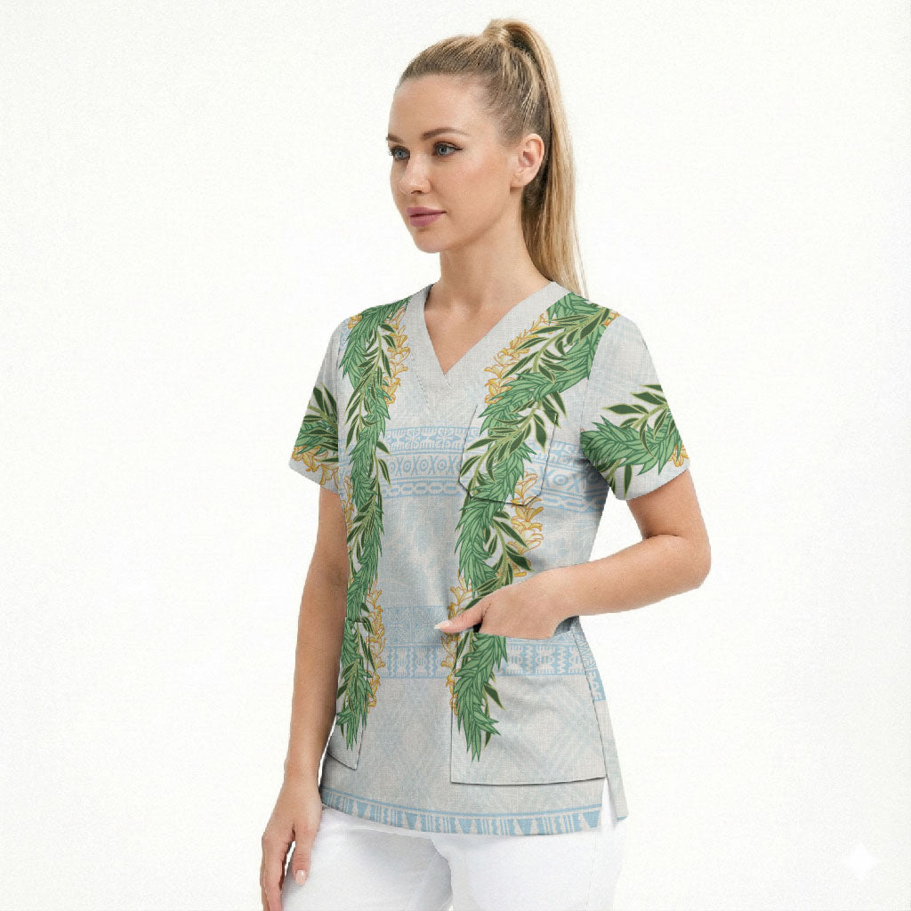 Hawai'i Paniolo Maile Twisted Lei Scrub Top Winter White LT7 - Polynesian Pride
