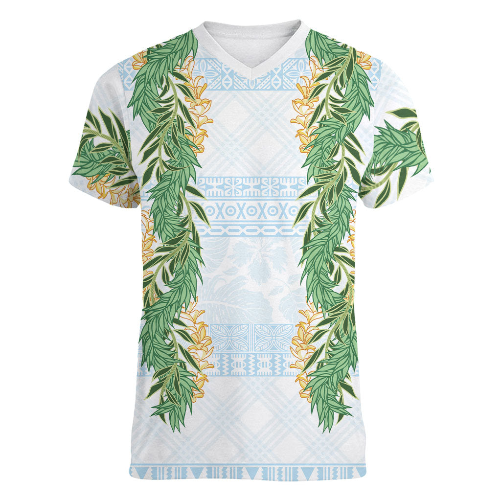 Hawai'i Paniolo Maile Twisted Lei Women V-Neck T-Shirt Winter White LT7 Female White - Polynesian Pride