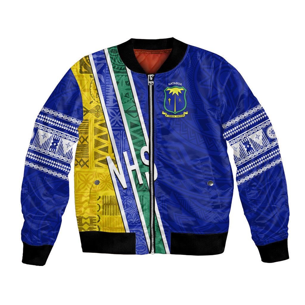 Personalised Fiji Natabua High School Bomber Jacket Kaviti Tapa Mix Colors Proud NHS LT7 Unisex Blue - Polynesian Pride