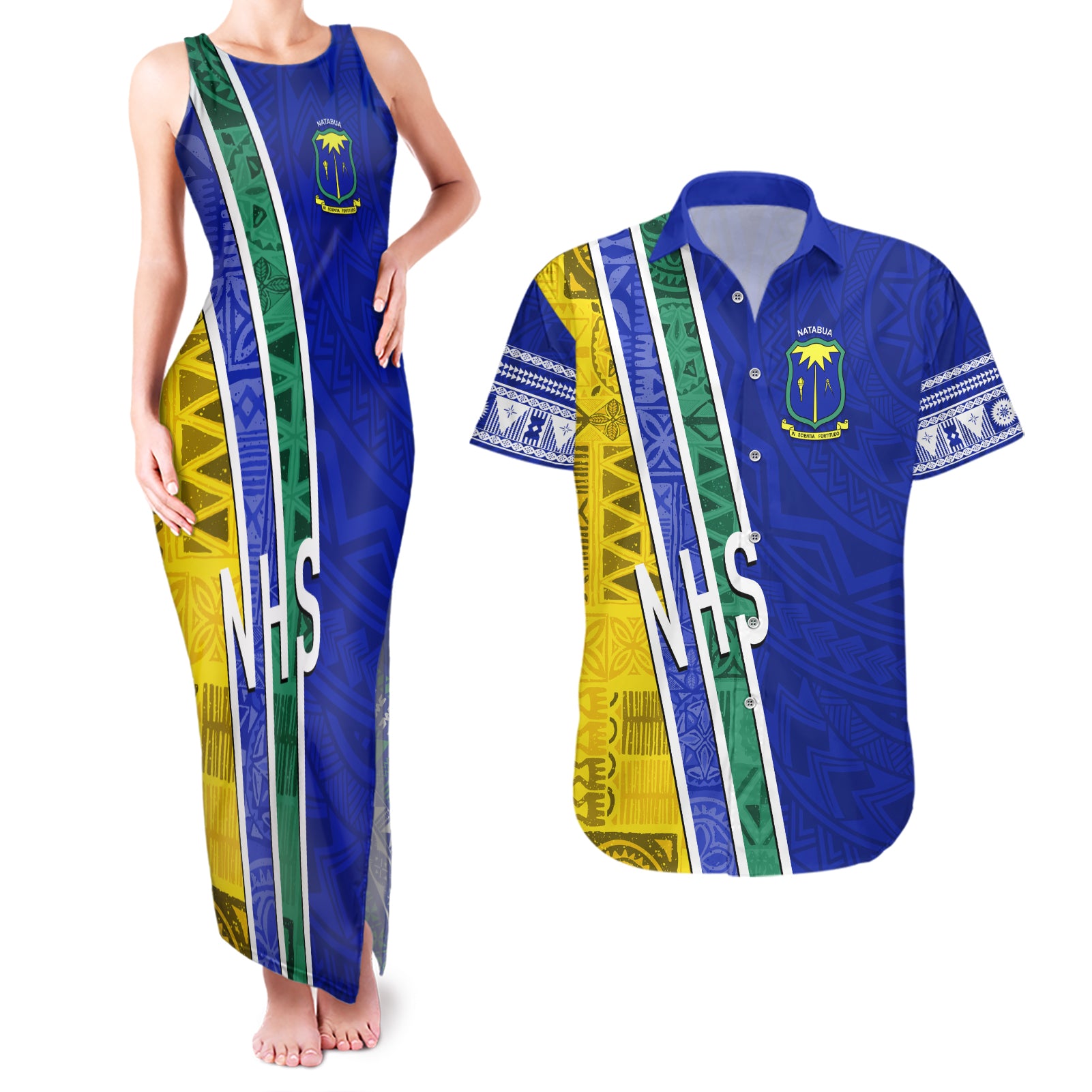 Personalised Fiji Natabua High School Couples Matching Tank Maxi Dress and Hawaiian Shirt Kaviti Tapa Mix Colors Proud NHS LT7 Blue - Polynesian Pride