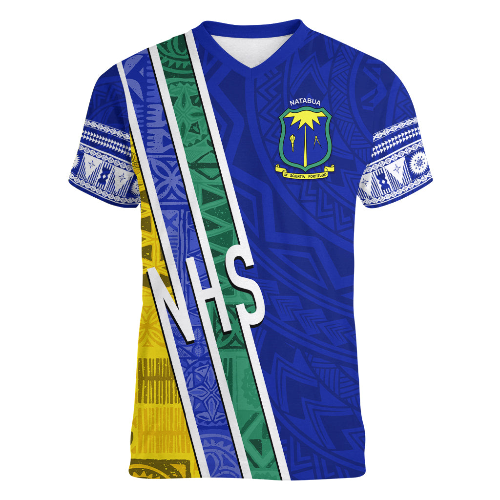 Personalised Fiji Natabua High School Women V Neck T Shirt Kaviti Tapa Mix Colors Proud NHS LT7 Female Blue - Polynesian Pride