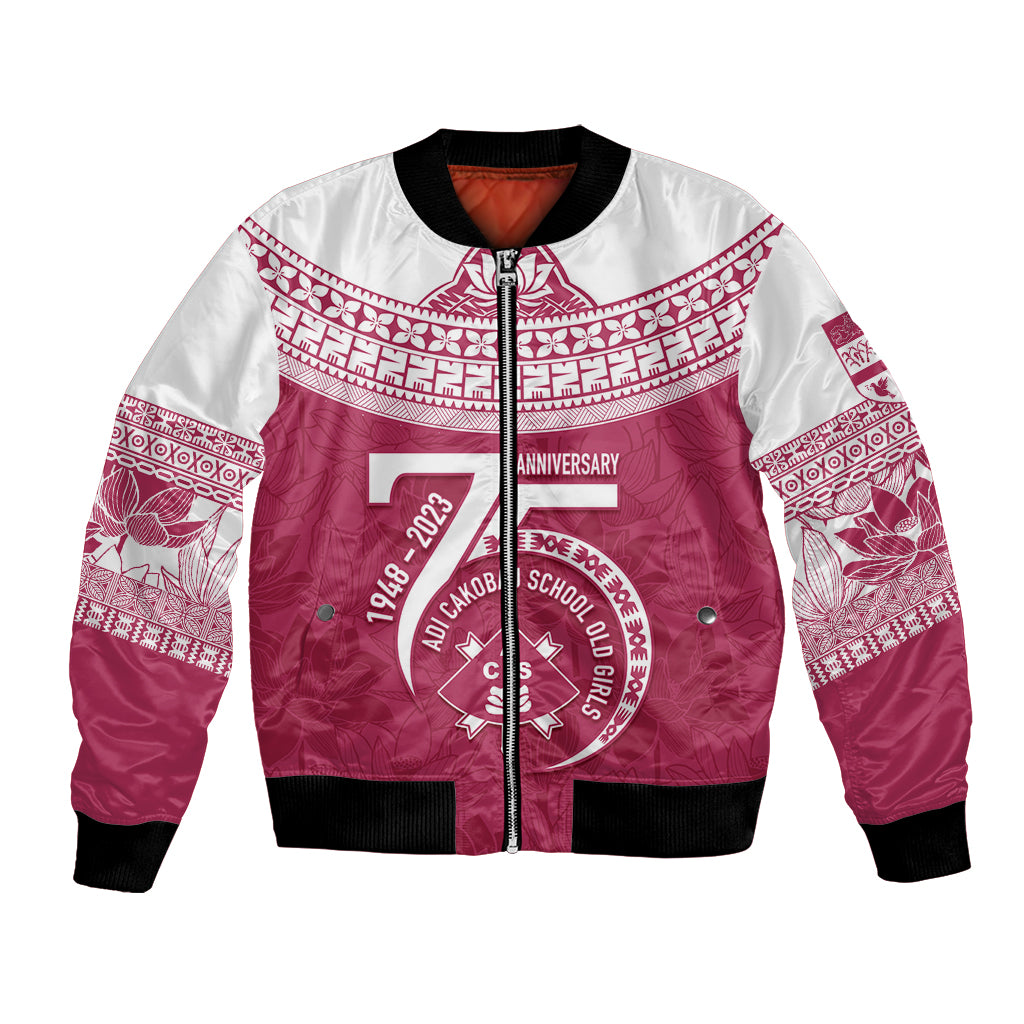 Personalised Fiji Adi Cakobau School Bomber Jacket ACS Old Girls Lotus Mix Masi LT7 Unisex Crimson - Polynesian Pride