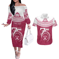 Personalised Fiji Adi Cakobau School Couples Matching Off The Shoulder Long Sleeve Dress and Hawaiian Shirt ACS Old Girls Lotus Mix Masi LT7 Crimson - Polynesian Pride