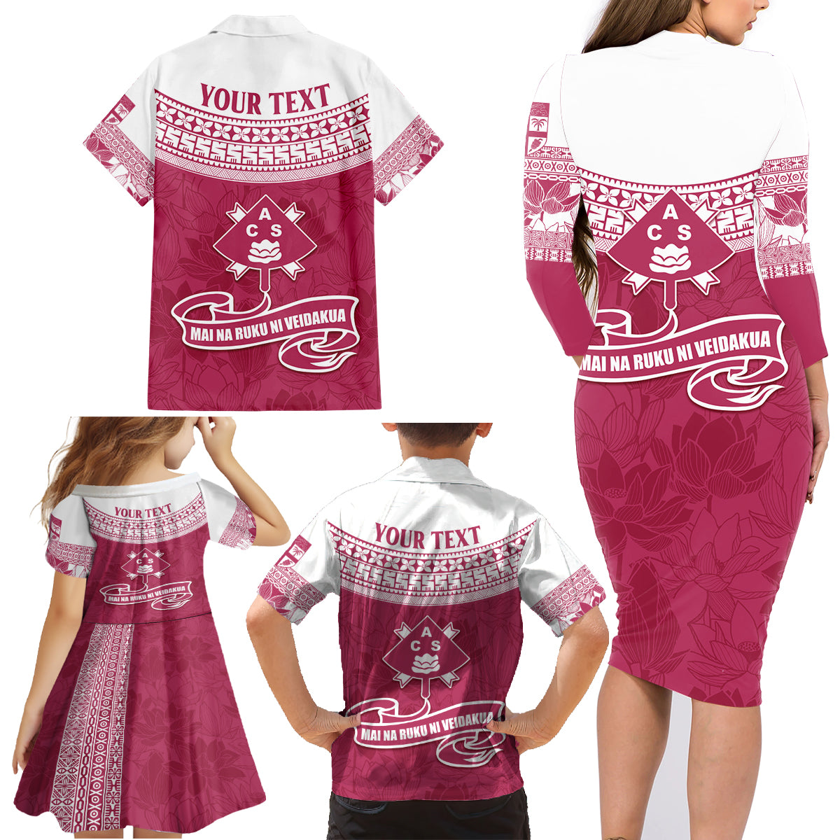 Personalised Fiji Adi Cakobau School Family Matching Long Sleeve Bodycon Dress and Hawaiian Shirt ACS Old Girls Lotus Mix Masi LT7 - Polynesian Pride