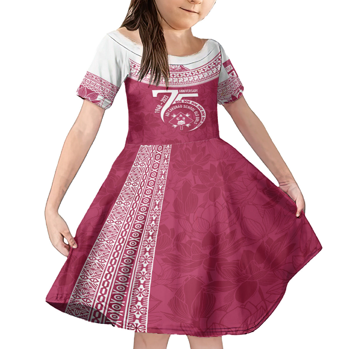 Personalised Fiji Adi Cakobau School Family Matching Off Shoulder Short Dress and Hawaiian Shirt ACS Old Girls Lotus Mix Masi LT7 Daughter's Dress Crimson - Polynesian Pride