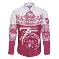 Personalised Fiji Adi Cakobau School Family Matching Off Shoulder Short Dress and Hawaiian Shirt ACS Old Girls Lotus Mix Masi LT7 Dad's Shirt - Long Sleeve Crimson - Polynesian Pride