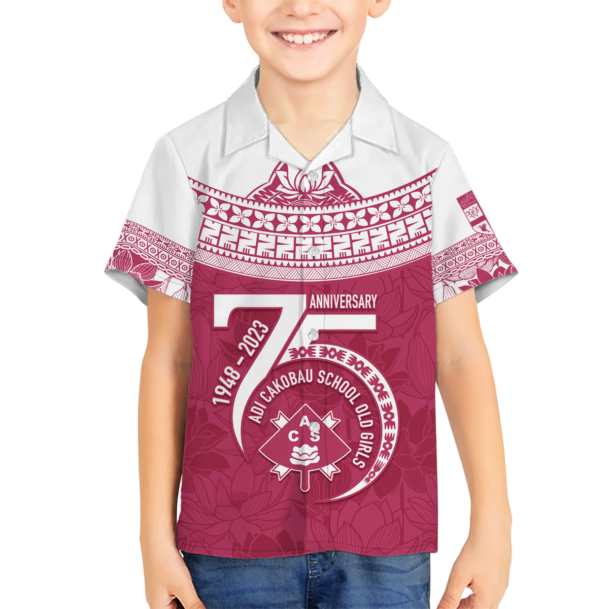 Personalised Fiji Adi Cakobau School Kid Hawaiian Shirt ACS Old Girls Lotus Mix Masi LT7 Kid Crimson - Polynesian Pride