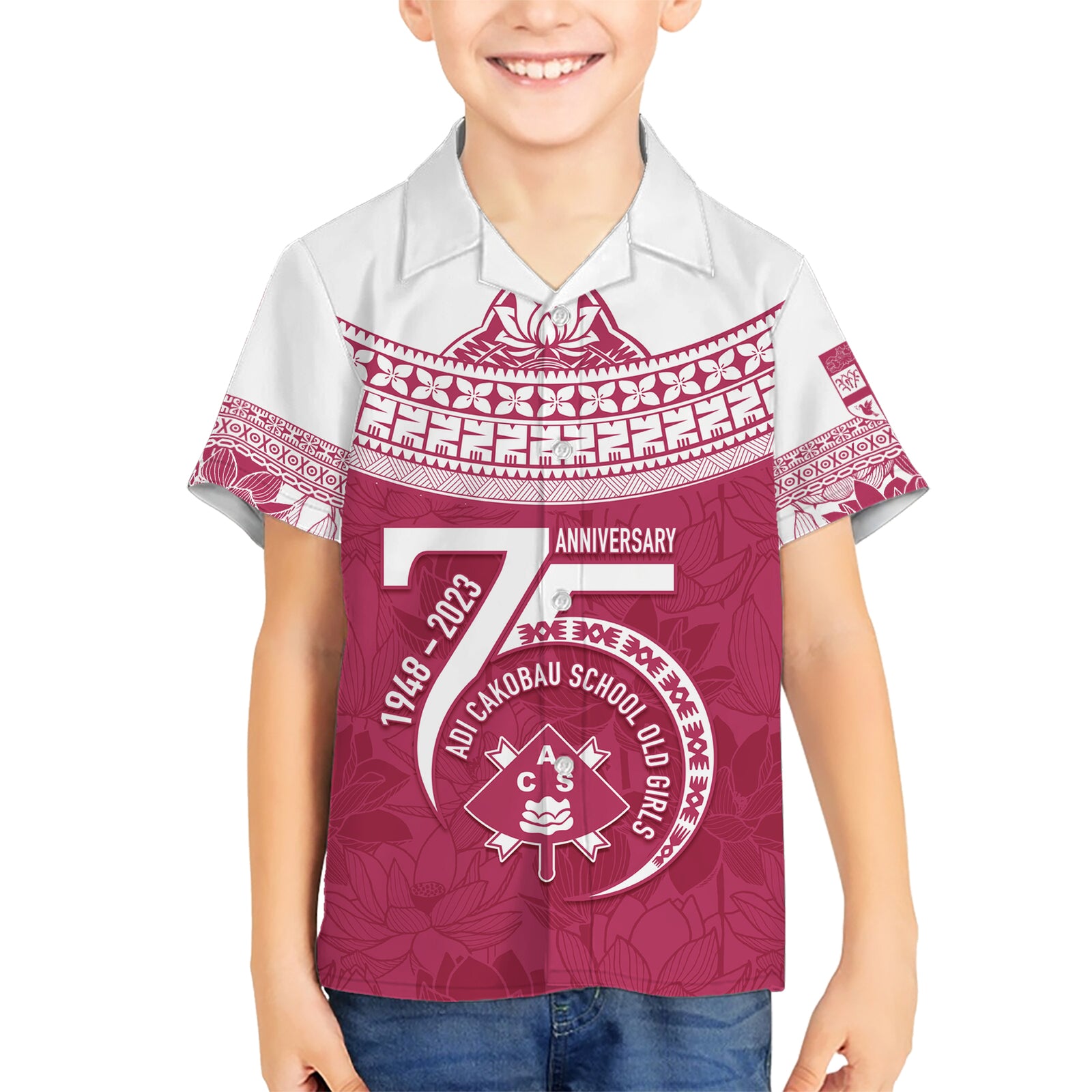 Personalised Fiji Adi Cakobau School Kid Hawaiian Shirt ACS Old Girls Lotus Mix Masi LT7 Kid Crimson - Polynesian Pride