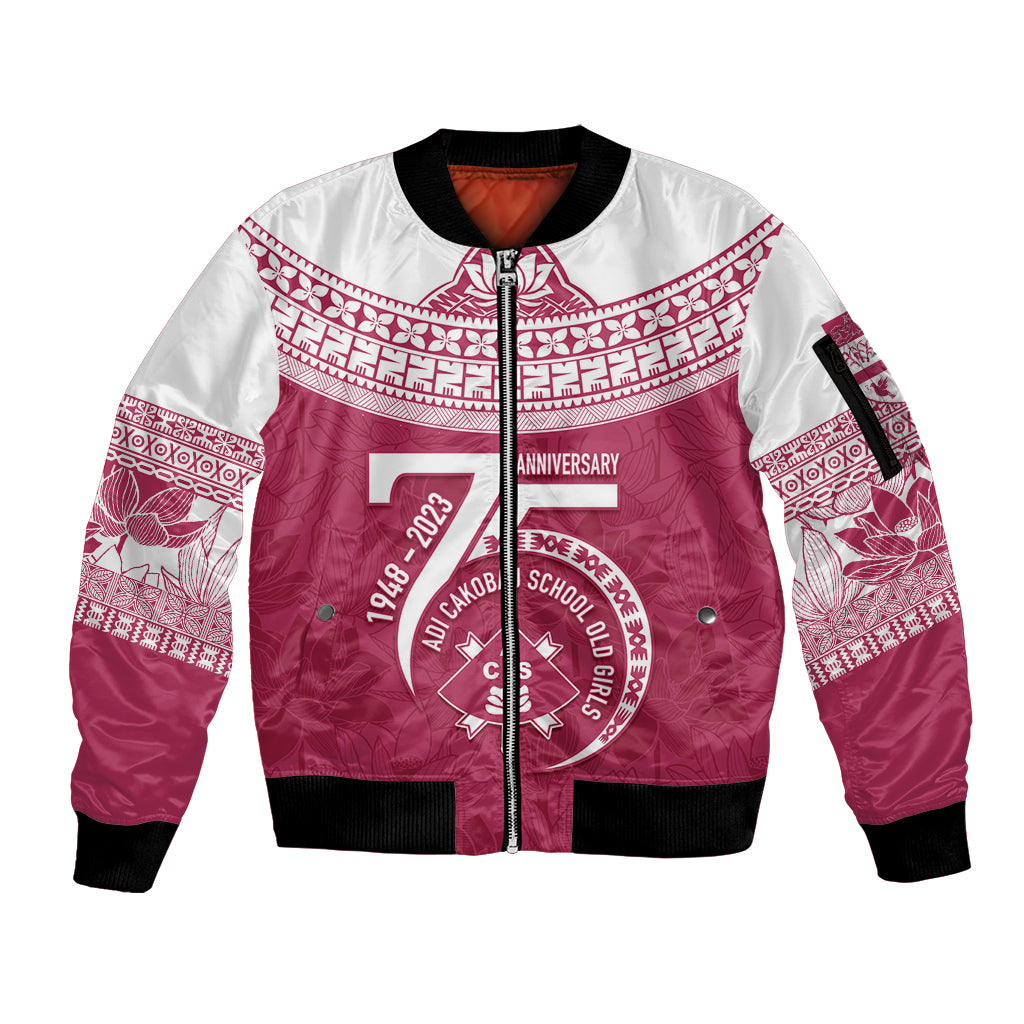 Personalised Fiji Adi Cakobau School Sleeve Zip Bomber Jacket ACS Old Girls Lotus Mix Masi LT7 Unisex Crimson - Polynesian Pride