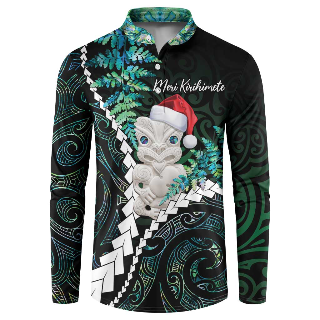 New Zealand Personalised Button Sweatshirt Meri Kirihimete Kowhaiwhai Mix Paua Shell - Emerald