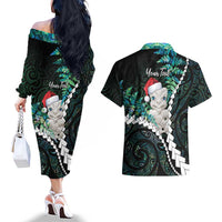 New Zealand Personalised Couples Matching Off The Shoulder Long Sleeve Dress and Hawaiian Shirt Meri Kirihimete Kowhaiwhai Mix Paua Shell - Emerald