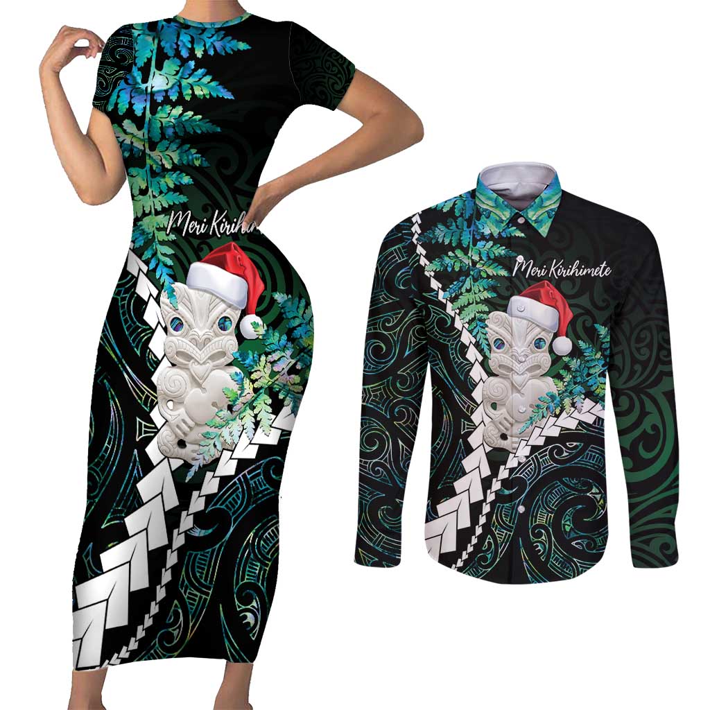 New Zealand Personalised Couples Matching Short Sleeve Bodycon Dress and Long Sleeve Button Shirt Meri Kirihimete Kowhaiwhai Mix Paua Shell - Emerald LT7 Green - Polynesian Pride