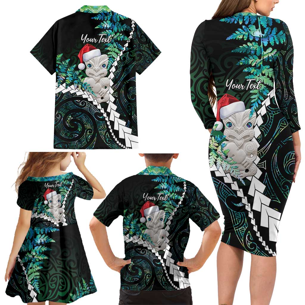 New Zealand Personalised Family Matching Long Sleeve Bodycon Dress and Hawaiian Shirt Meri Kirihimete Kowhaiwhai Mix Paua Shell - Emerald