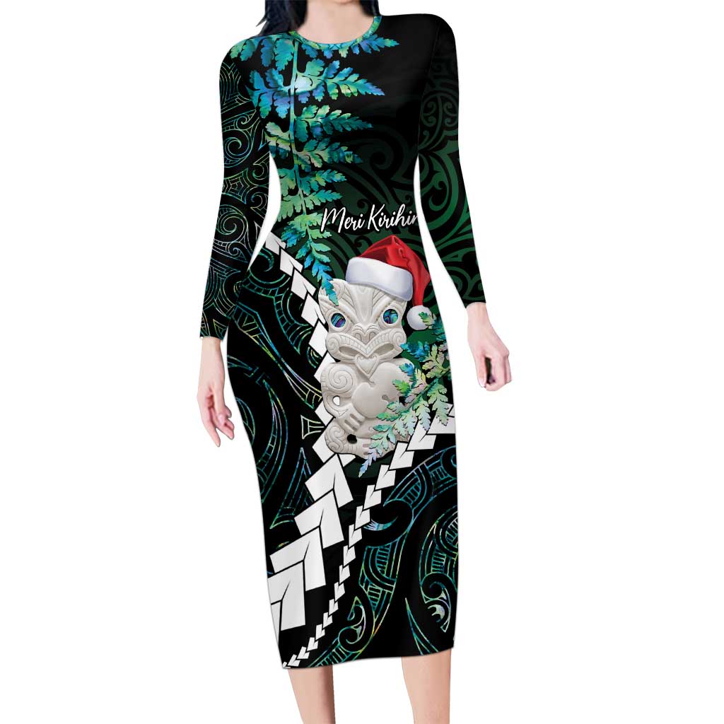 New Zealand Personalised Family Matching Long Sleeve Bodycon Dress and Hawaiian Shirt Meri Kirihimete Kowhaiwhai Mix Paua Shell - Emerald