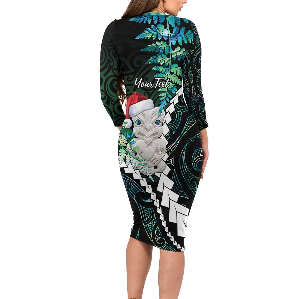 New Zealand Personalised Family Matching Long Sleeve Bodycon Dress and Hawaiian Shirt Meri Kirihimete Kowhaiwhai Mix Paua Shell - Emerald