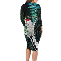 New Zealand Personalised Family Matching Long Sleeve Bodycon Dress and Hawaiian Shirt Meri Kirihimete Kowhaiwhai Mix Paua Shell - Emerald
