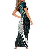 New Zealand Personalised Family Matching Short Sleeve Bodycon Dress and Hawaiian Shirt Meri Kirihimete Kowhaiwhai Mix Paua Shell - Emerald