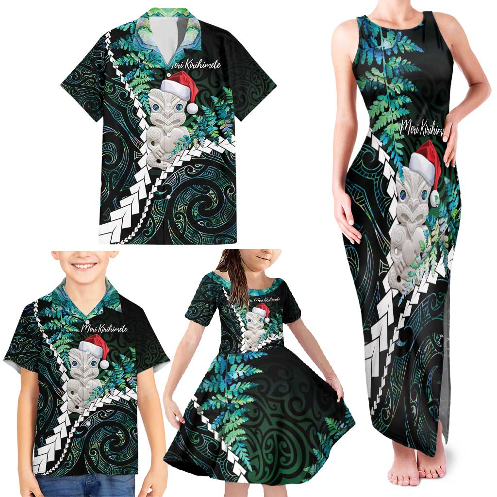 New Zealand Personalised Family Matching Tank Maxi Dress and Hawaiian Shirt Meri Kirihimete Kowhaiwhai Mix Paua Shell - Emerald