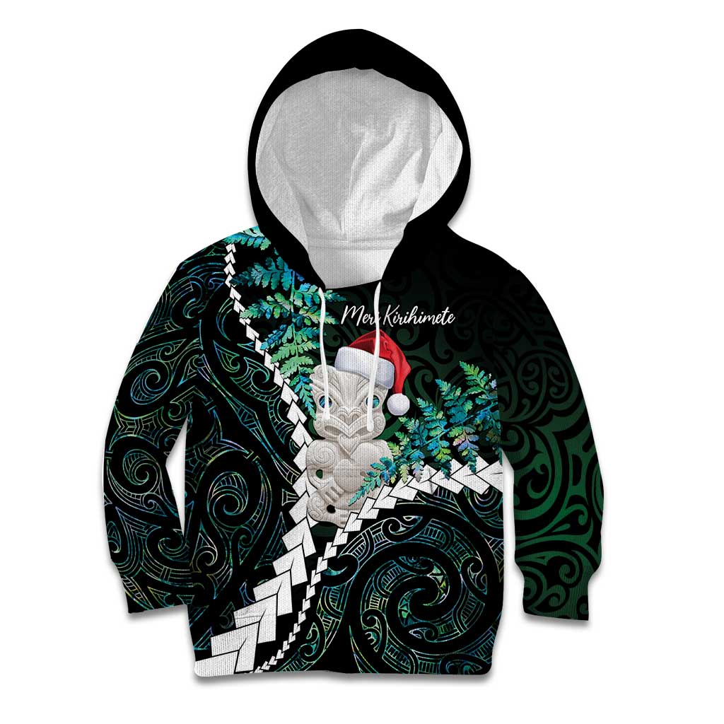 New Zealand Personalised Kid Hoodie Meri Kirihimete Kowhaiwhai Mix Paua Shell - Emerald
