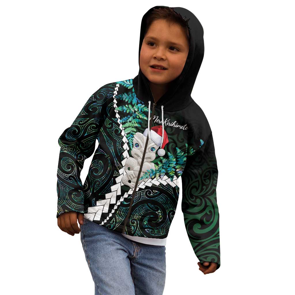 New Zealand Personalised Kid Hoodie Meri Kirihimete Kowhaiwhai Mix Paua Shell - Emerald