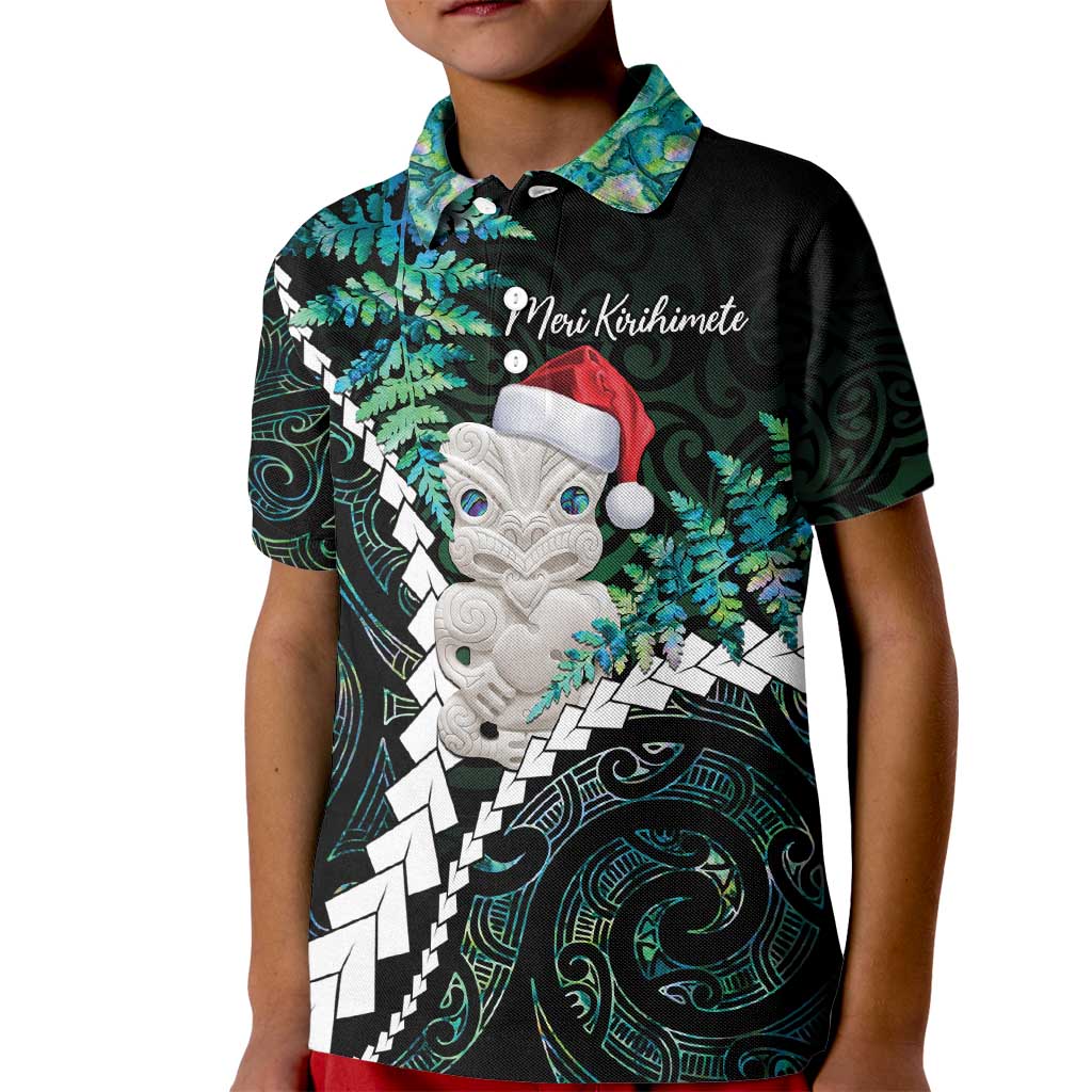 New Zealand Personalised Kid Polo Shirt Meri Kirihimete Kowhaiwhai Mix Paua Shell - Emerald