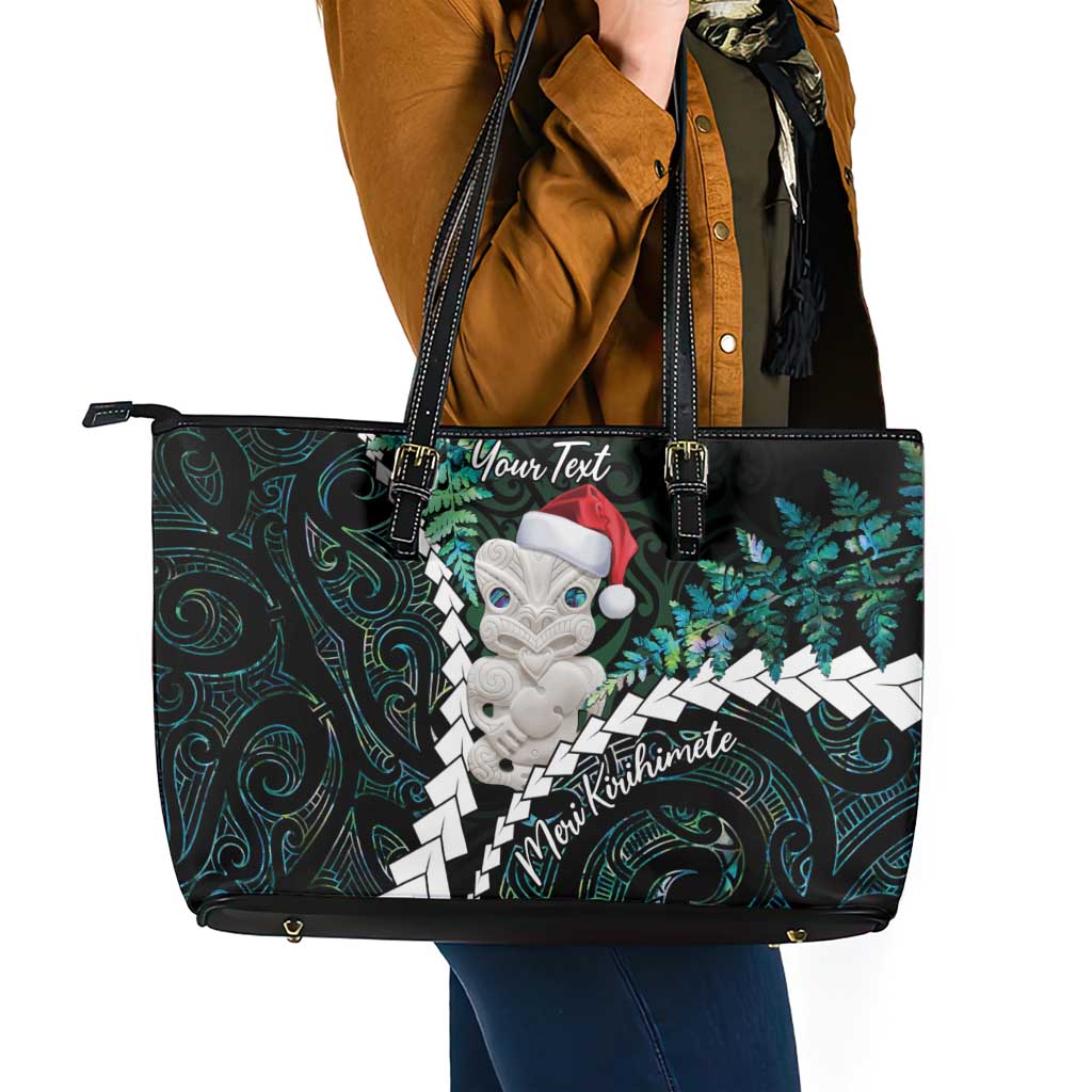 New Zealand Personalised Leather Tote Bag Meri Kirihimete Kowhaiwhai Mix Paua Shell - Emerald