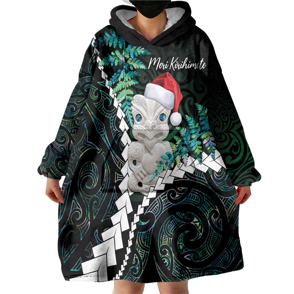 New Zealand Personalised Wearable Blanket Hoodie Meri Kirihimete Kowhaiwhai Mix Paua Shell - Emerald