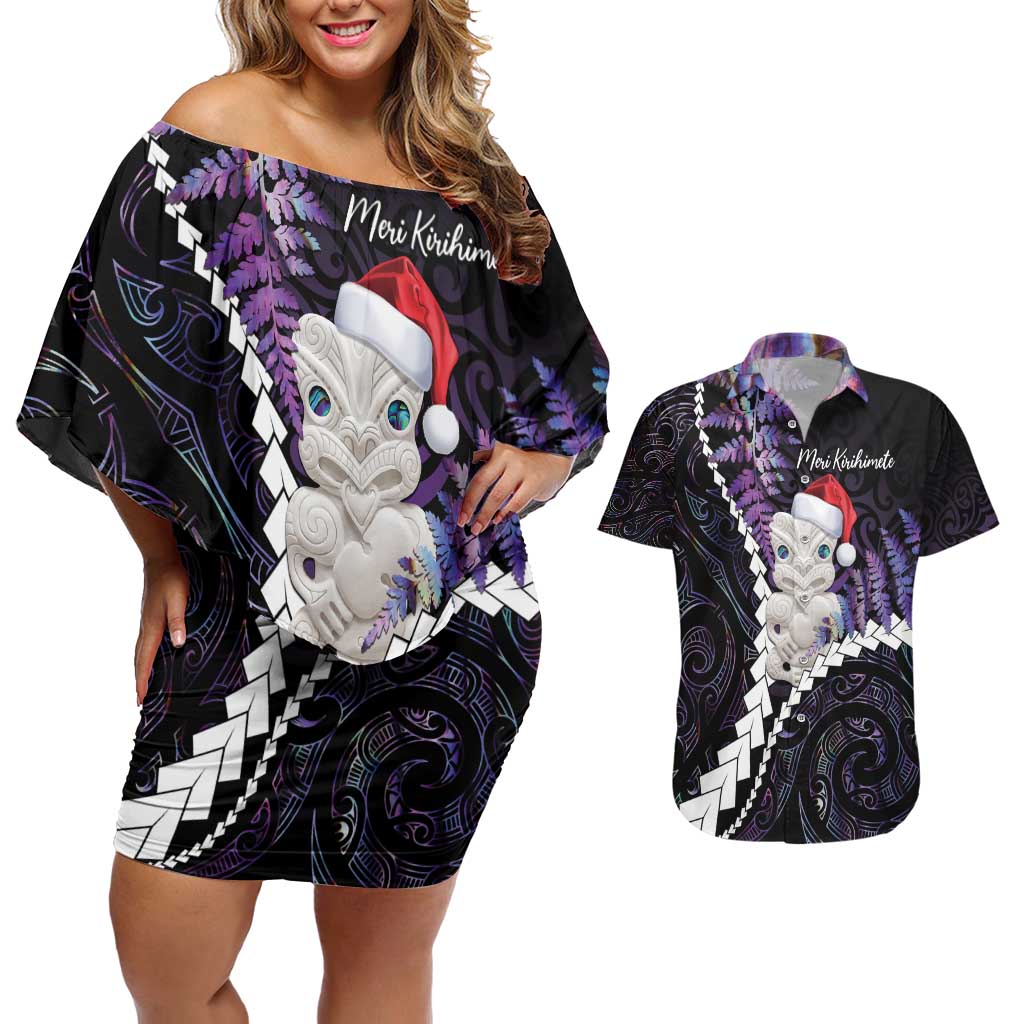 New Zealand Personalised Couples Matching Off Shoulder Short Dress and Hawaiian Shirt Meri Kirihimete Kowhaiwhai Mix Paua Shell - Amethys
