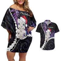 New Zealand Personalised Couples Matching Off Shoulder Short Dress and Hawaiian Shirt Meri Kirihimete Kowhaiwhai Mix Paua Shell - Amethys