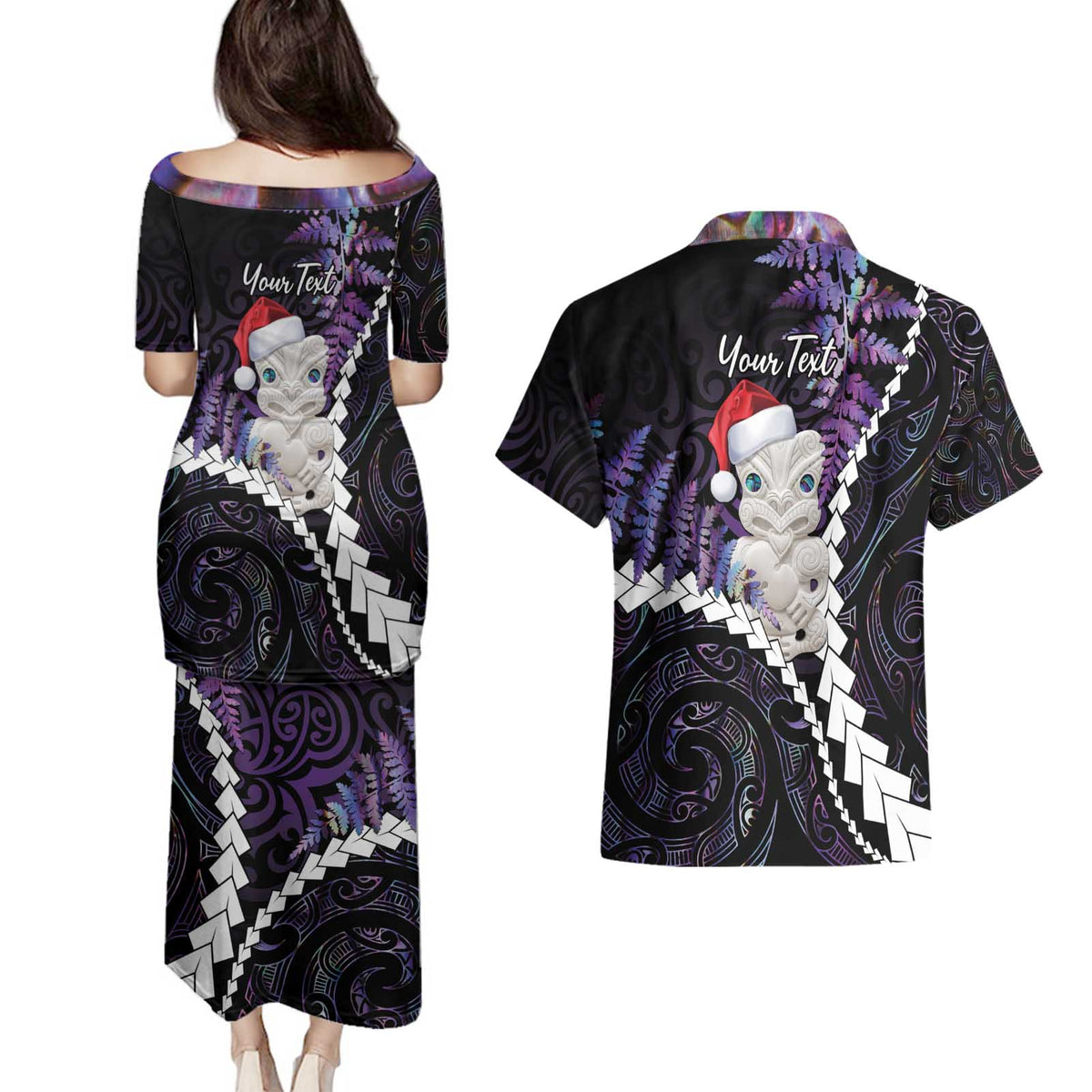 New Zealand Personalised Couples Matching Puletasi and Hawaiian Shirt Meri Kirihimete Kowhaiwhai Mix Paua Shell - Amethys