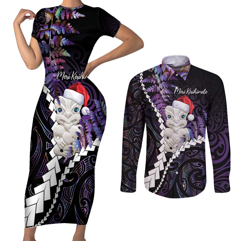 New Zealand Personalised Couples Matching Short Sleeve Bodycon Dress and Long Sleeve Button Shirt Meri Kirihimete Kowhaiwhai Mix Paua Shell - Amethys LT7 Purple - Polynesian Pride