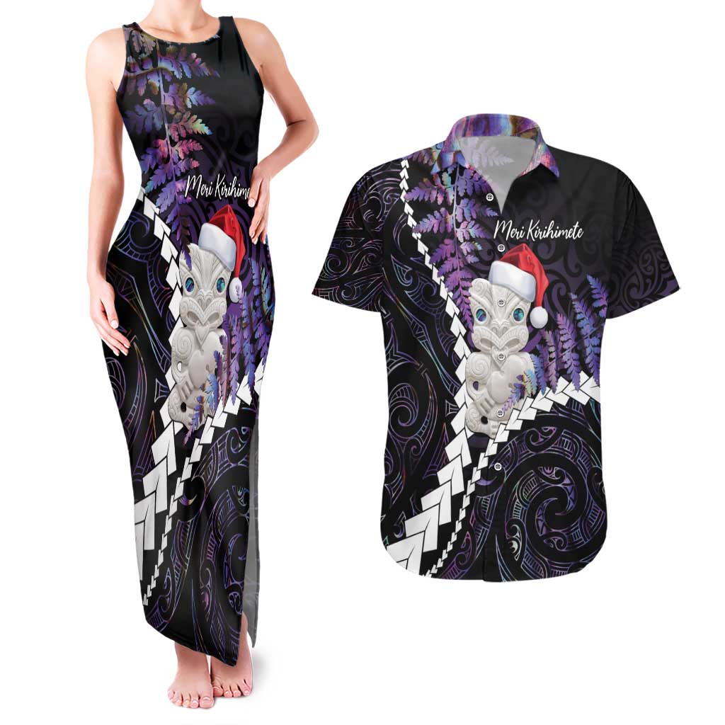 New Zealand Personalised Couples Matching Tank Maxi Dress and Hawaiian Shirt Meri Kirihimete Kowhaiwhai Mix Paua Shell - Amethys
