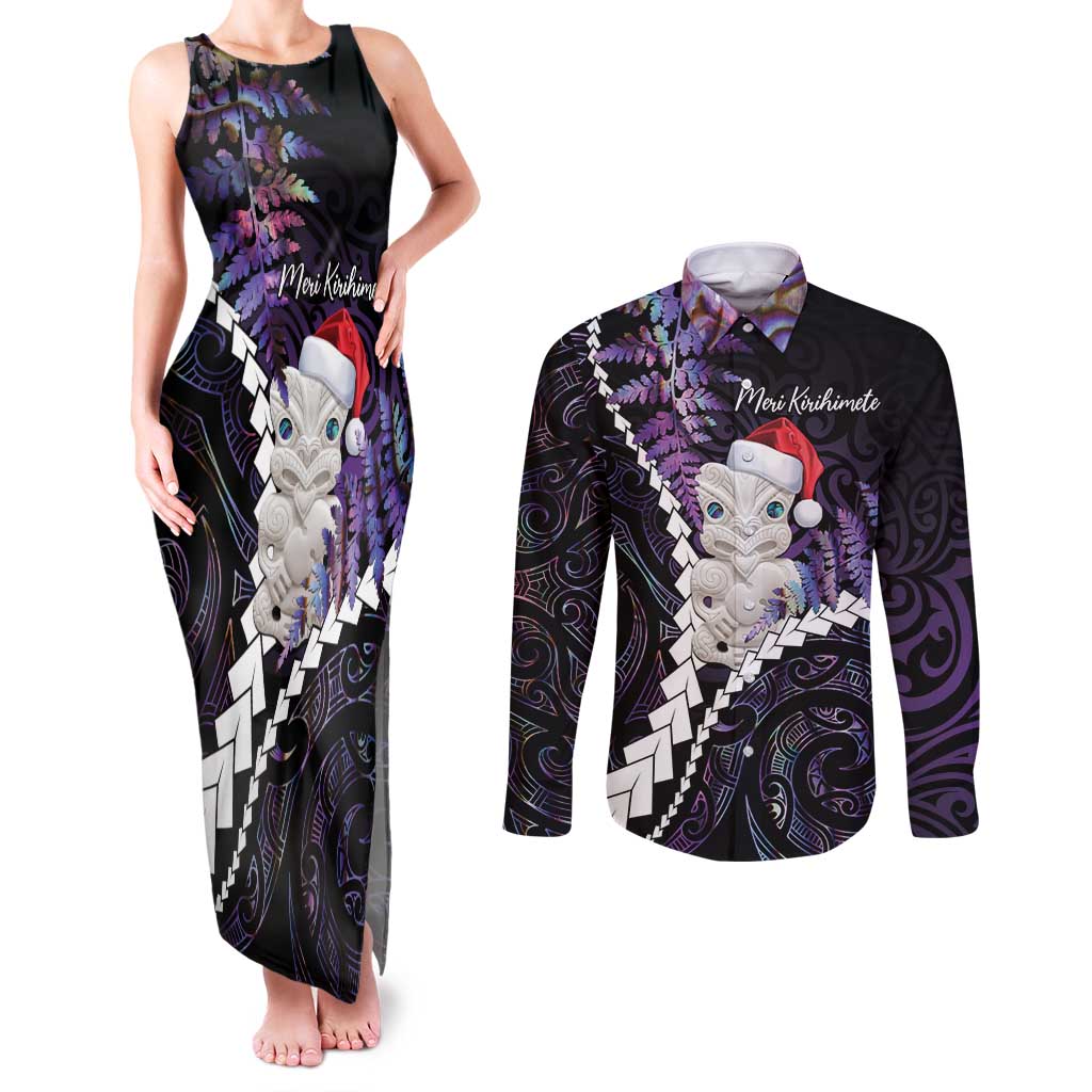 New Zealand Personalised Couples Matching Tank Maxi Dress and Long Sleeve Button Shirt Meri Kirihimete Kowhaiwhai Mix Paua Shell - Amethys