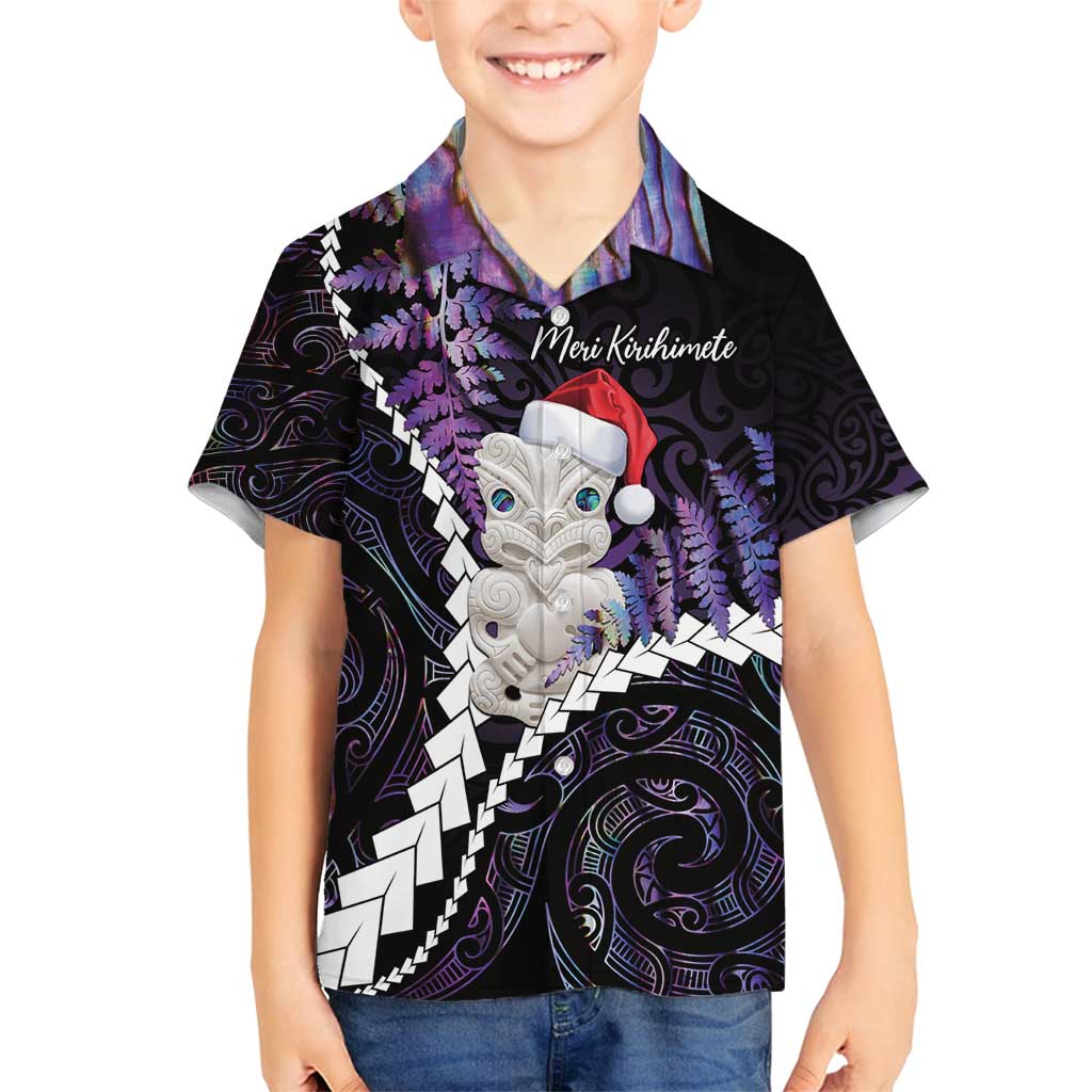 New Zealand Personalised Family Matching Off Shoulder Short Dress and Hawaiian Shirt Meri Kirihimete Kowhaiwhai Mix Paua Shell - Amethys