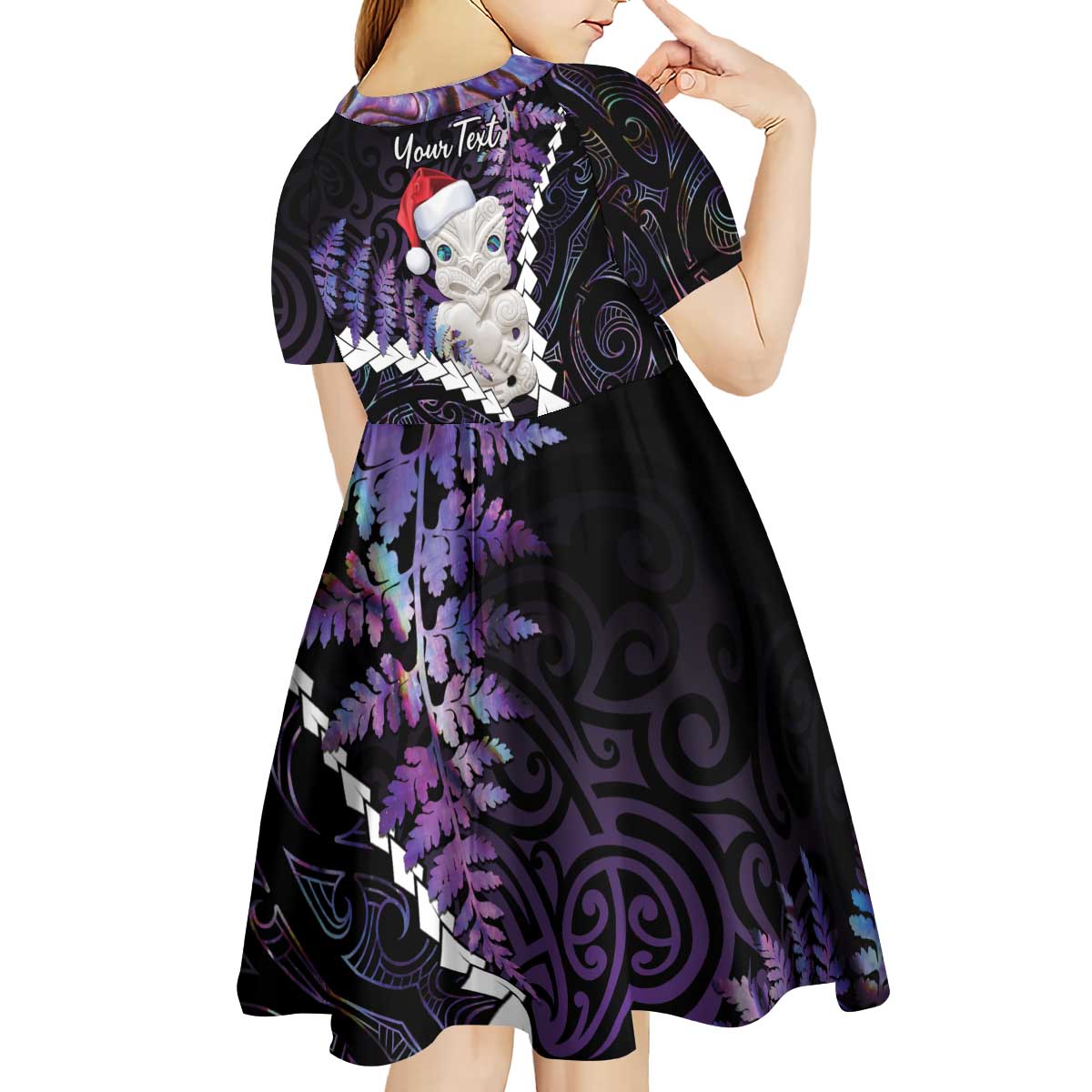 New Zealand Personalised Kid Short Sleeve Dress Meri Kirihimete Kowhaiwhai Mix Paua Shell - Amethys