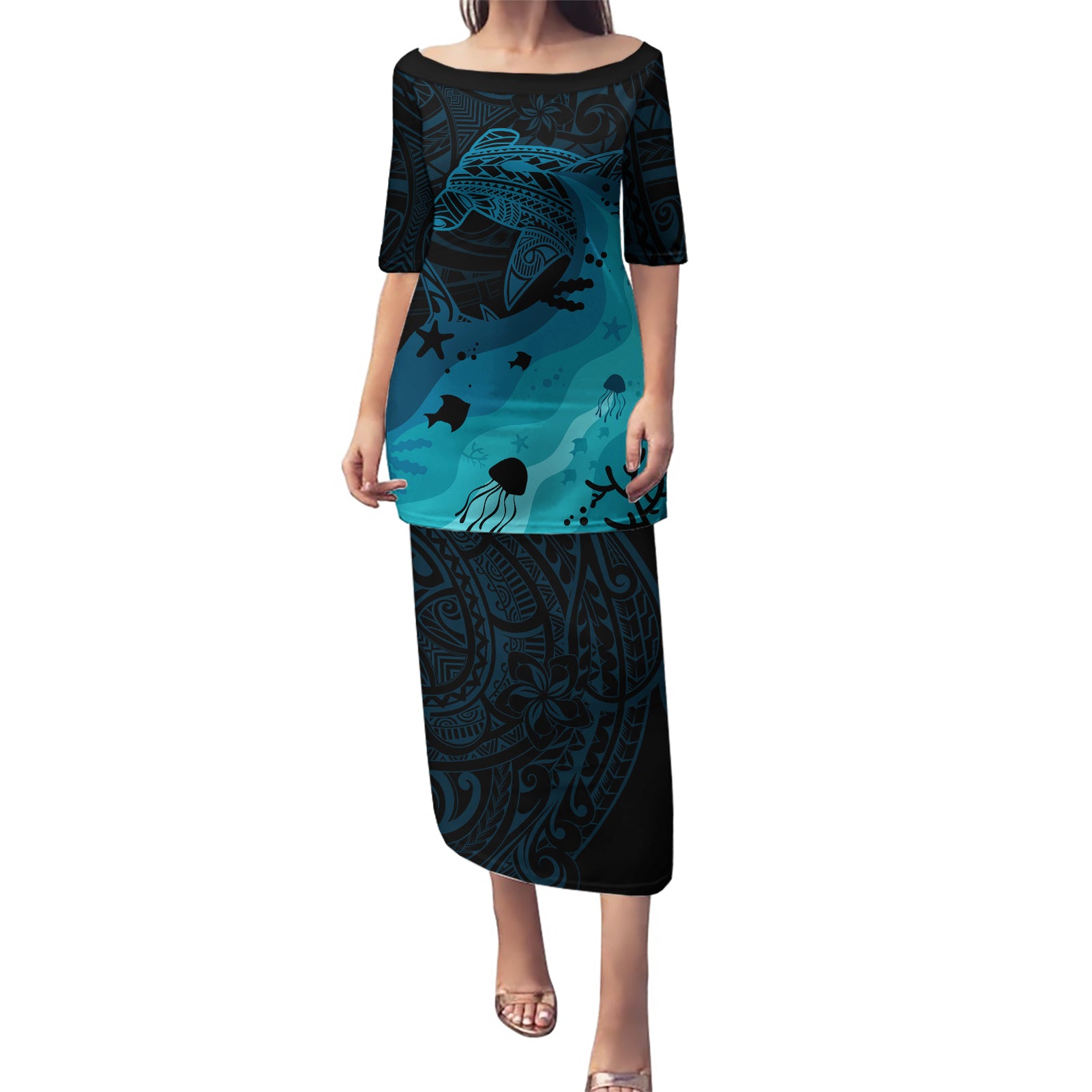 Polynesian Shark Puletasi Under The Waves LT7 Long Dress Dark Blue - Polynesian Pride