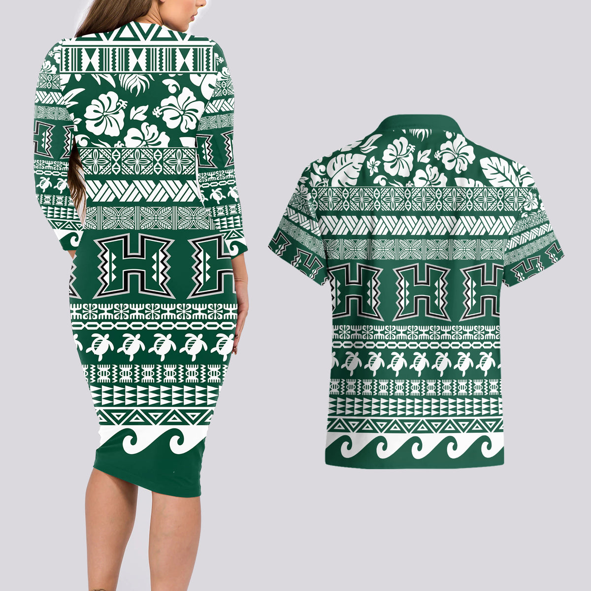 Hawaii Rainbow Warriors Christmas Couples Matching Long Sleeve Bodycon Dress and Hawaiian Shirt Kakau Motifs LT7 - Polynesian Pride