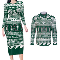 Hawaii Rainbow Warriors Christmas Couples Matching Long Sleeve Bodycon Dress and Long Sleeve Button Shirt Kakau Motifs LT7 Green - Polynesian Pride