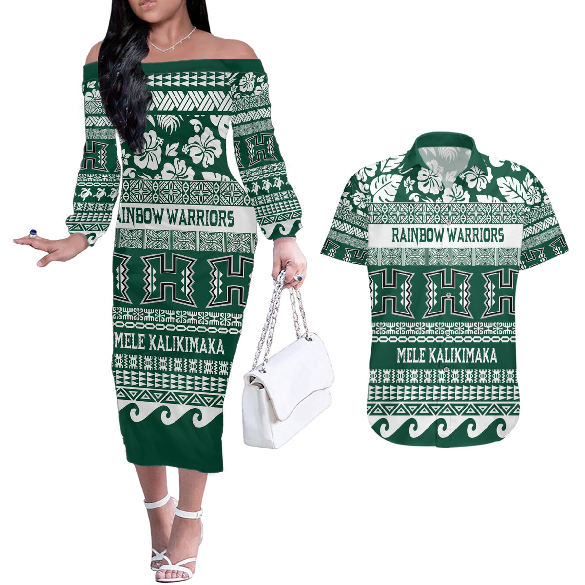 Hawaii Rainbow Warriors Christmas Couples Matching Off The Shoulder Long Sleeve Dress and Hawaiian Shirt Kakau Motifs LT7 Green - Polynesian Pride