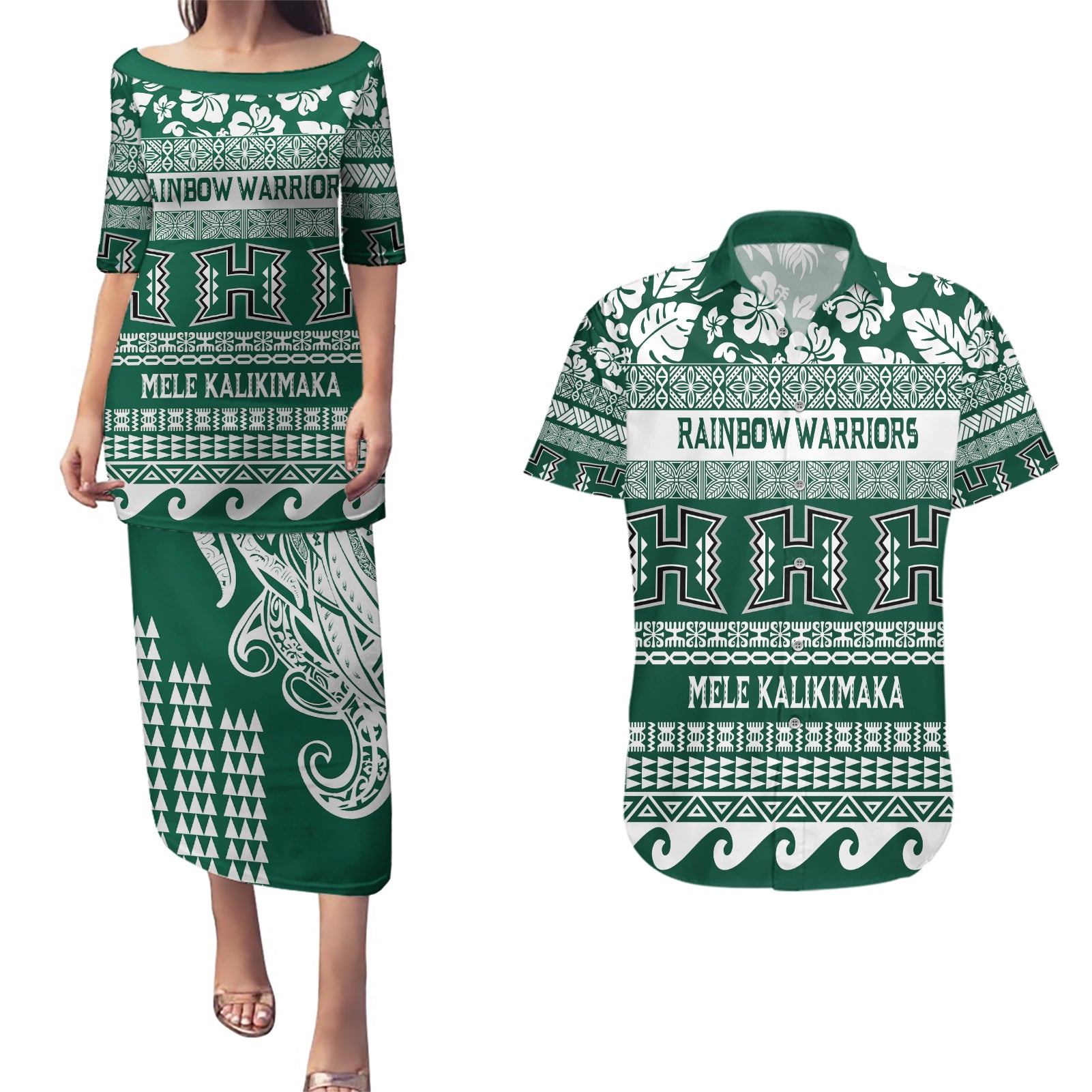 Hawaii Rainbow Warriors Christmas Couples Matching Puletasi Dress and Hawaiian Shirt Kakau Motifs LT7 Green - Polynesian Pride