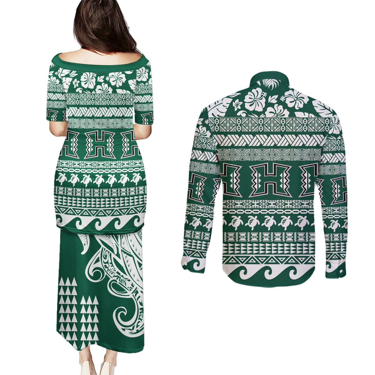 Hawaii Rainbow Warriors Christmas Couples Matching Puletasi Dress and Long Sleeve Button Shirt Kakau Motifs LT7 - Polynesian Pride