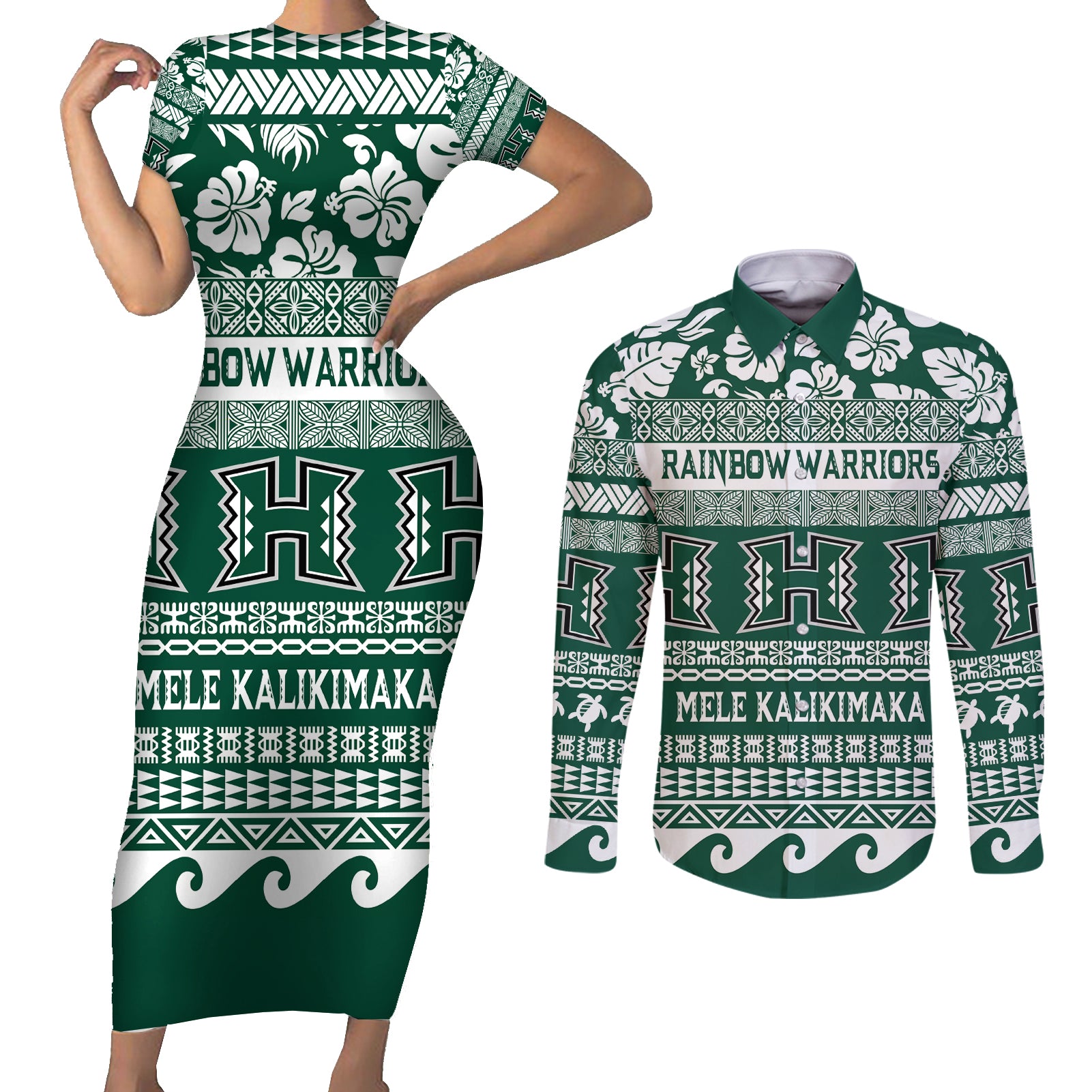 Hawaii Rainbow Warriors Christmas Couples Matching Short Sleeve Bodycon Dress and Long Sleeve Button Shirt Kakau Motifs LT7 Green - Polynesian Pride