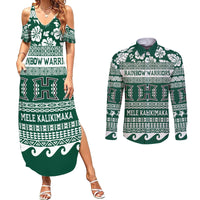 Hawaii Rainbow Warriors Christmas Couples Matching Summer Maxi Dress and Long Sleeve Button Shirt Kakau Motifs LT7 Green - Polynesian Pride