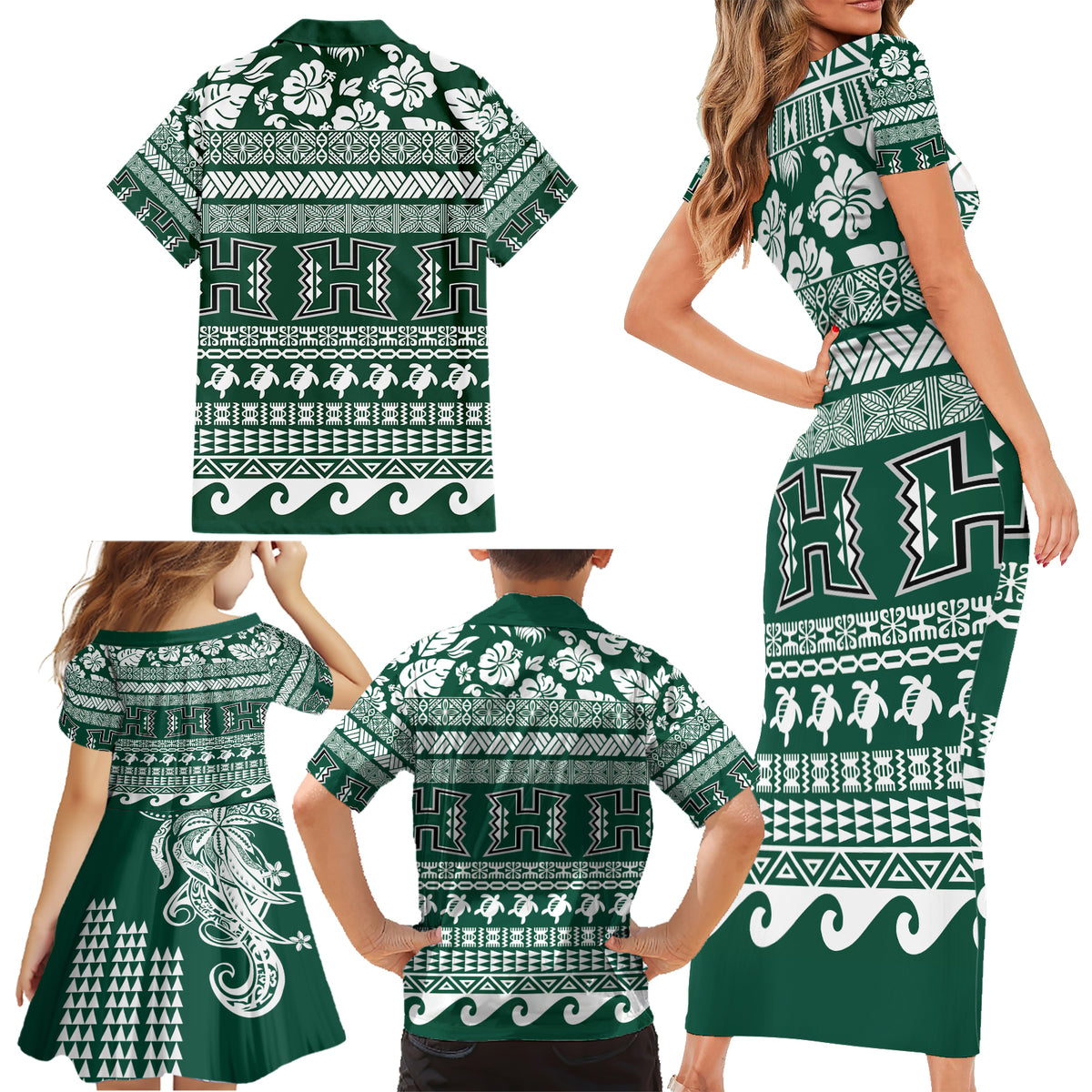 Hawaii Rainbow Warriors Christmas Family Matching Short Sleeve Bodycon Dress and Hawaiian Shirt Kakau Motifs LT7 - Polynesian Pride