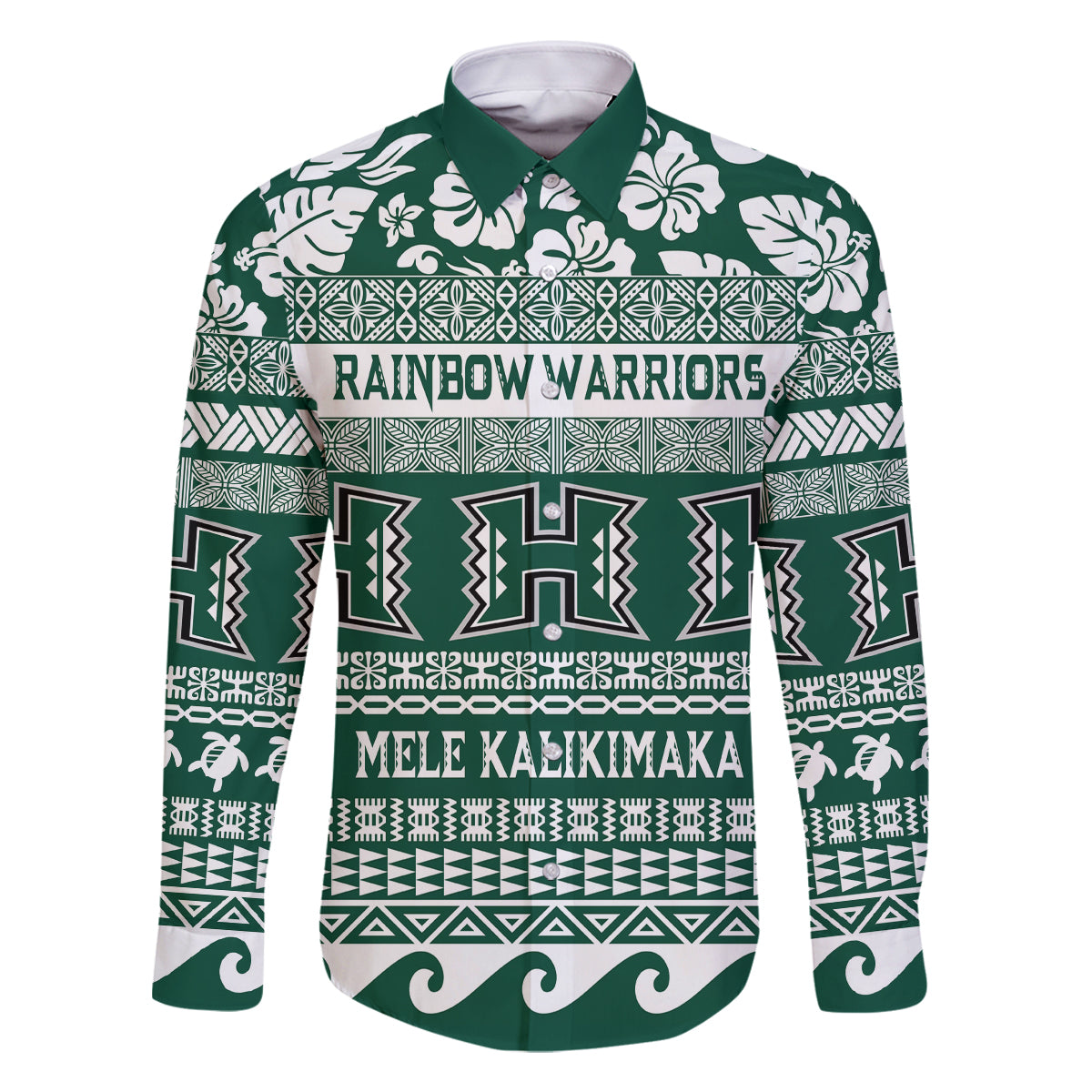 Hawaii Rainbow Warriors Christmas Family Matching Summer Maxi Dress and Hawaiian Shirt Kakau Motifs LT7 Dad's Shirt - Long Sleeve Green - Polynesian Pride