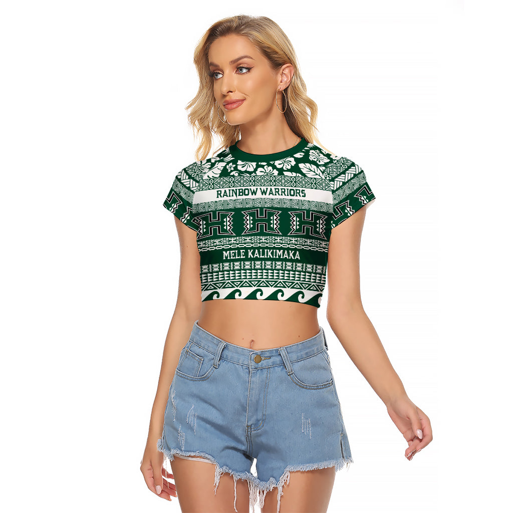 Hawaii Rainbow Warriors Christmas Raglan Cropped T Shirt Kakau Motifs LT7 Female Green - Polynesian Pride