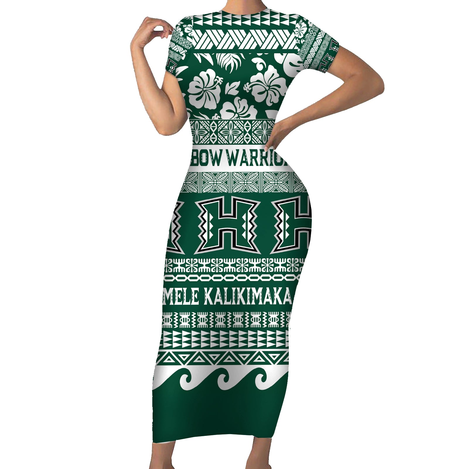 Hawaii Rainbow Warriors Christmas Short Sleeve Bodycon Dress Kakau Motifs LT7 Long Dress Green - Polynesian Pride